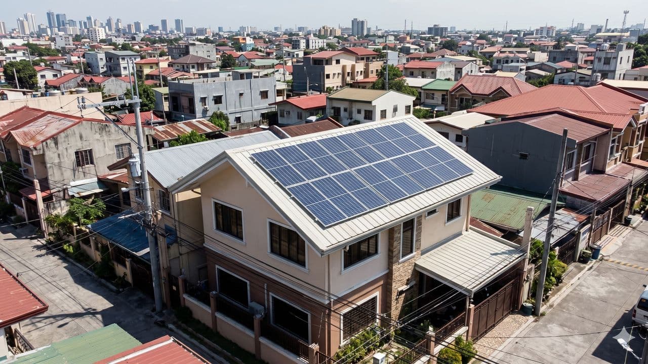 Philippine household rooftop with grid-tied solar panels.